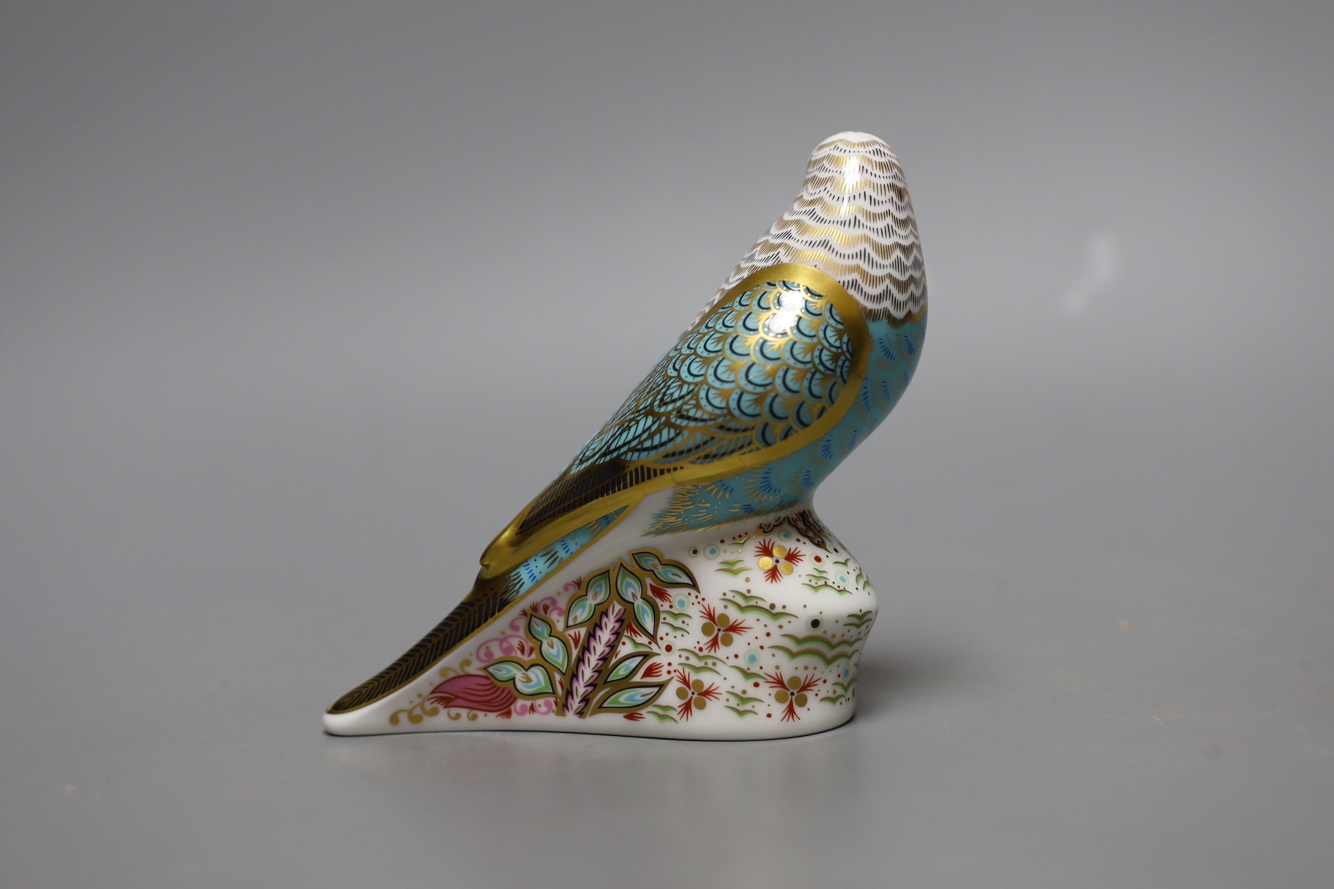 A limited edition Royal Crown Derby paperweight - Sky Blue Budgerigar, gold stopper, boxed with edition card, 647/1000